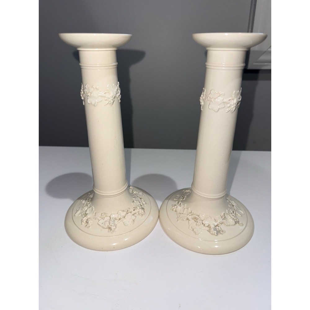 Wedgwood Embossed Queensware PAIR of 8 1/4 in. candlesticks cream on cream